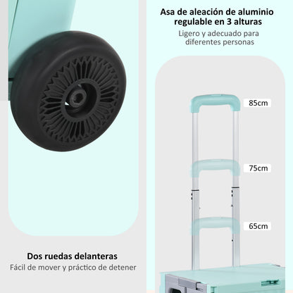 Folding Shopping Cart Supermarket Cart with 2 Wheels Adjustable Handle Length Capacity 32 Liters for Office School Home 41.5x32.5x85 cm Green