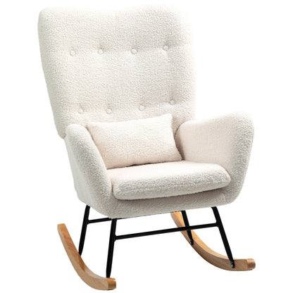 Rocking Chair, Rocking Armchair with Armrest, Teddy Fabric Look, Nursing Chair with Wooden Rockers, Lumbar Pillow, Relaxing Rocking Chair for Living Room, Bedroom, Cream White
