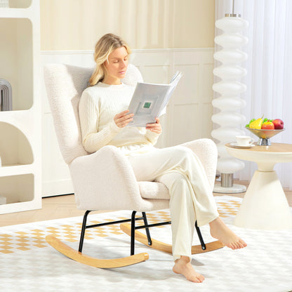 Rocking Chair, Rocking Armchair with Armrest, Teddy Fabric Look, Nursing Chair with Wooden Rockers, Lumbar Pillow, Relaxing Rocking Chair for Living Room, Bedroom, Cream White