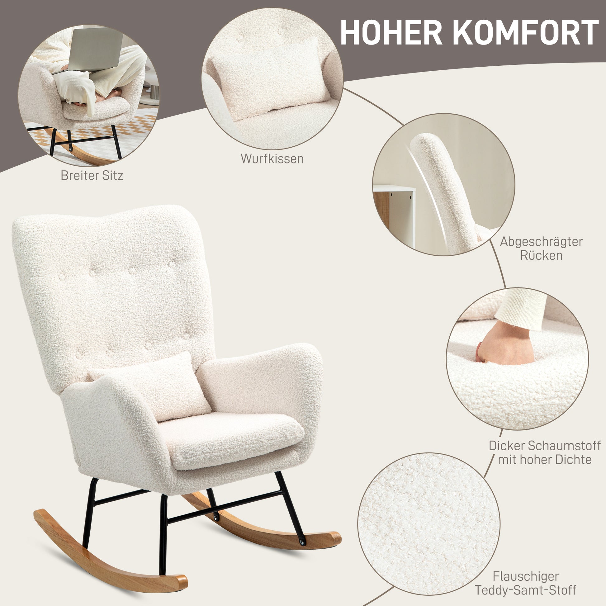 Rocking Chair, Rocking Armchair with Armrest, Teddy Fabric Look, Nursing Chair with Wooden Rockers, Lumbar Pillow, Relaxing Rocking Chair for Living Room, Bedroom, Cream White
