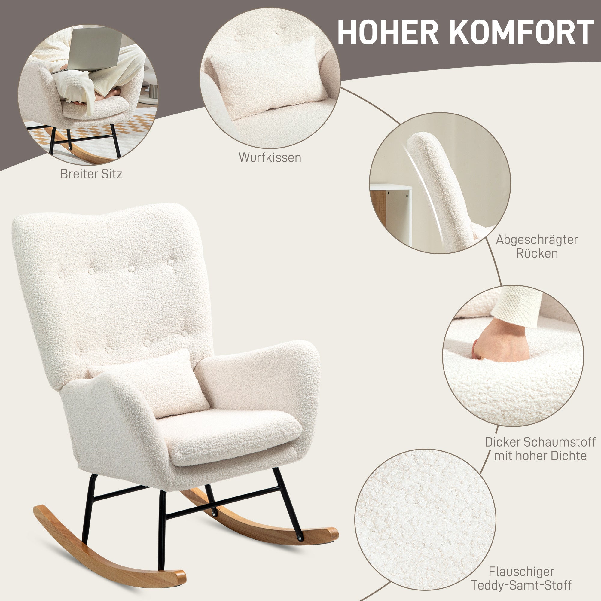 Rocking Chair, Rocking Armchair with Armrest, Teddy Fabric Look, Nursing Chair with Wooden Rockers, Lumbar Pillow, Relaxing Rocking Chair for Living Room, Bedroom, Cream White