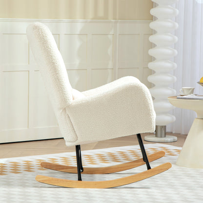 Rocking Chair, Rocking Armchair with Armrest, Teddy Fabric Look, Nursing Chair with Wooden Rockers, Lumbar Pillow, Relaxing Rocking Chair for Living Room, Bedroom, Cream White