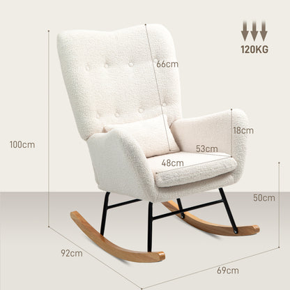 Rocking Chair, Rocking Armchair with Armrest, Teddy Fabric Look, Nursing Chair with Wooden Rockers, Lumbar Pillow, Relaxing Rocking Chair for Living Room, Bedroom, Cream White