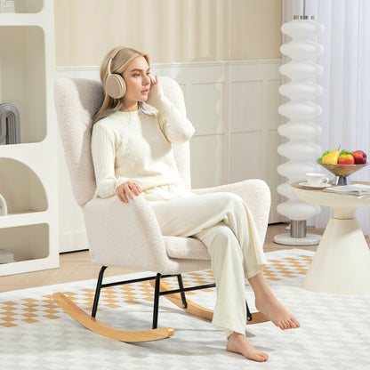 Rocking Chair, Rocking Armchair with Armrest, Teddy Fabric Look, Nursing Chair with Wooden Rockers, Lumbar Pillow, Relaxing Rocking Chair for Living Room, Bedroom, Cream White
