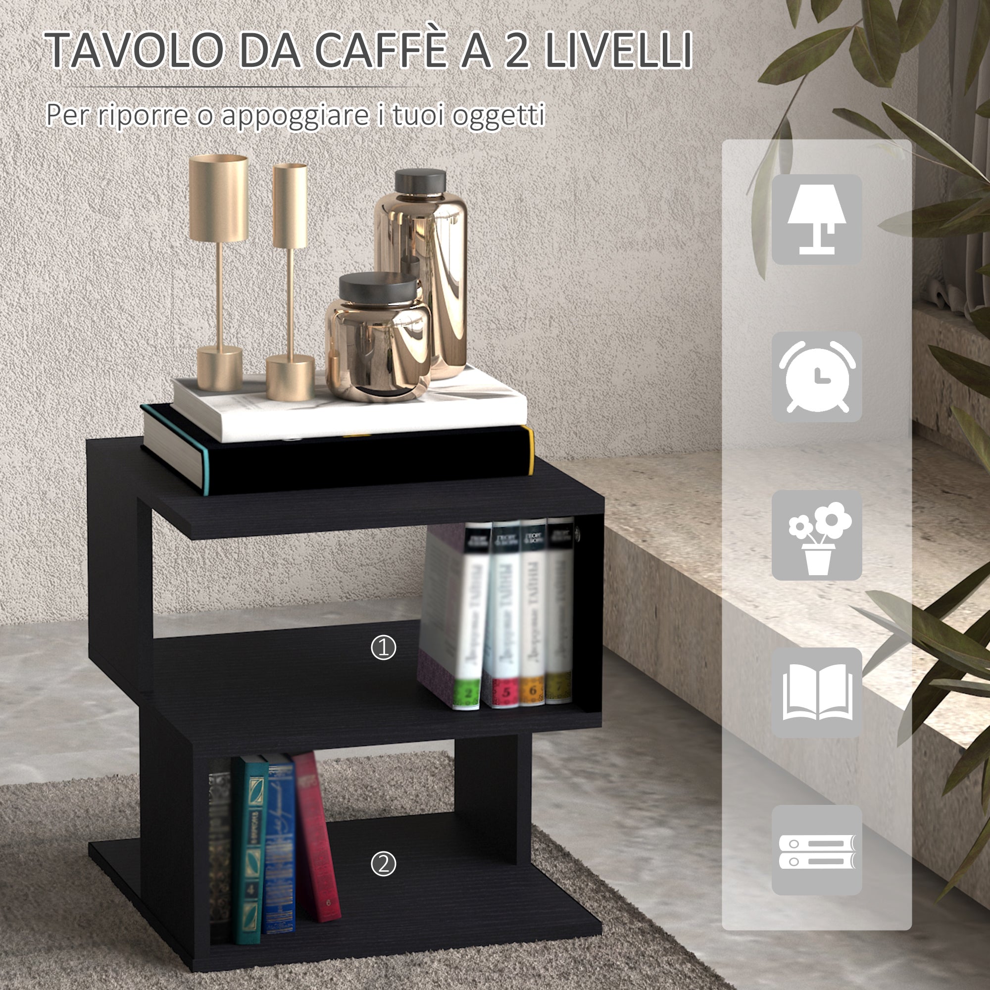 Design Coffee Table, White Living Room Table, 2 Open Shelves, Modern Design, Coffee and Living Room Table, Wood, 40x40x43 cm, Black
