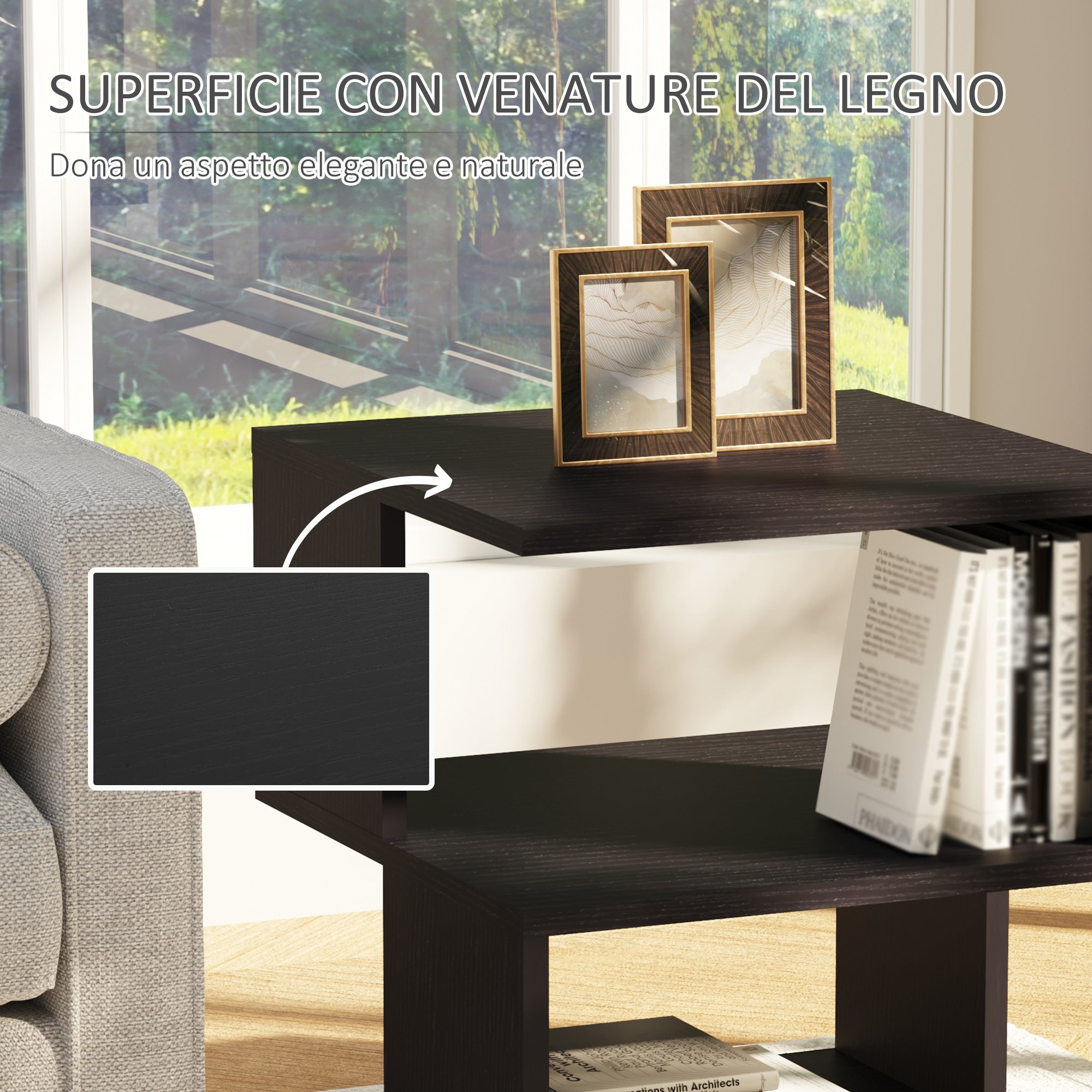 Design Coffee Table, White Living Room Table, 2 Open Shelves, Modern Design, Coffee and Living Room Table, Wood, 40x40x43 cm, Black