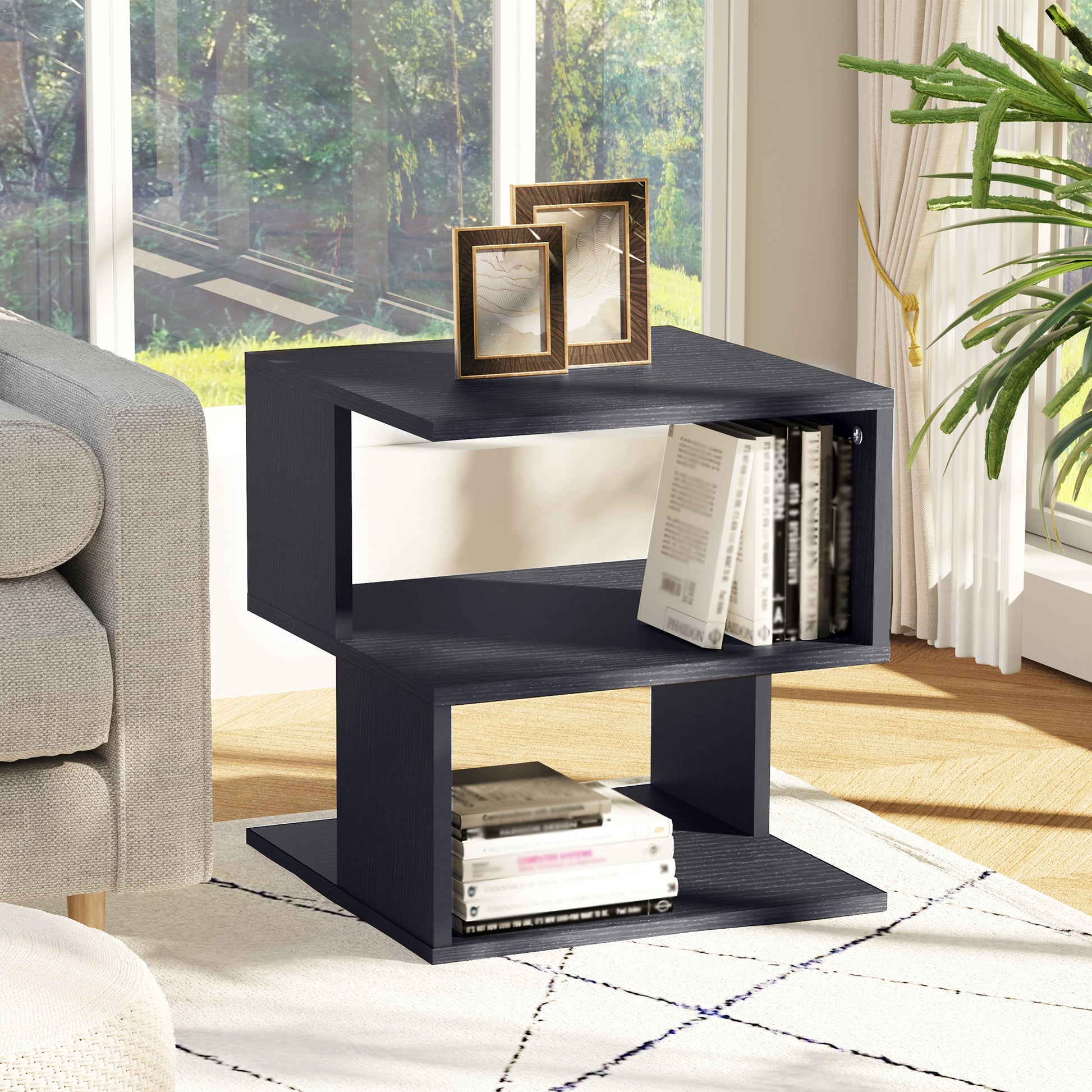 Design Coffee Table, White Living Room Table, 2 Open Shelves, Modern Design, Coffee and Living Room Table, Wood, 40x40x43 cm, Black
