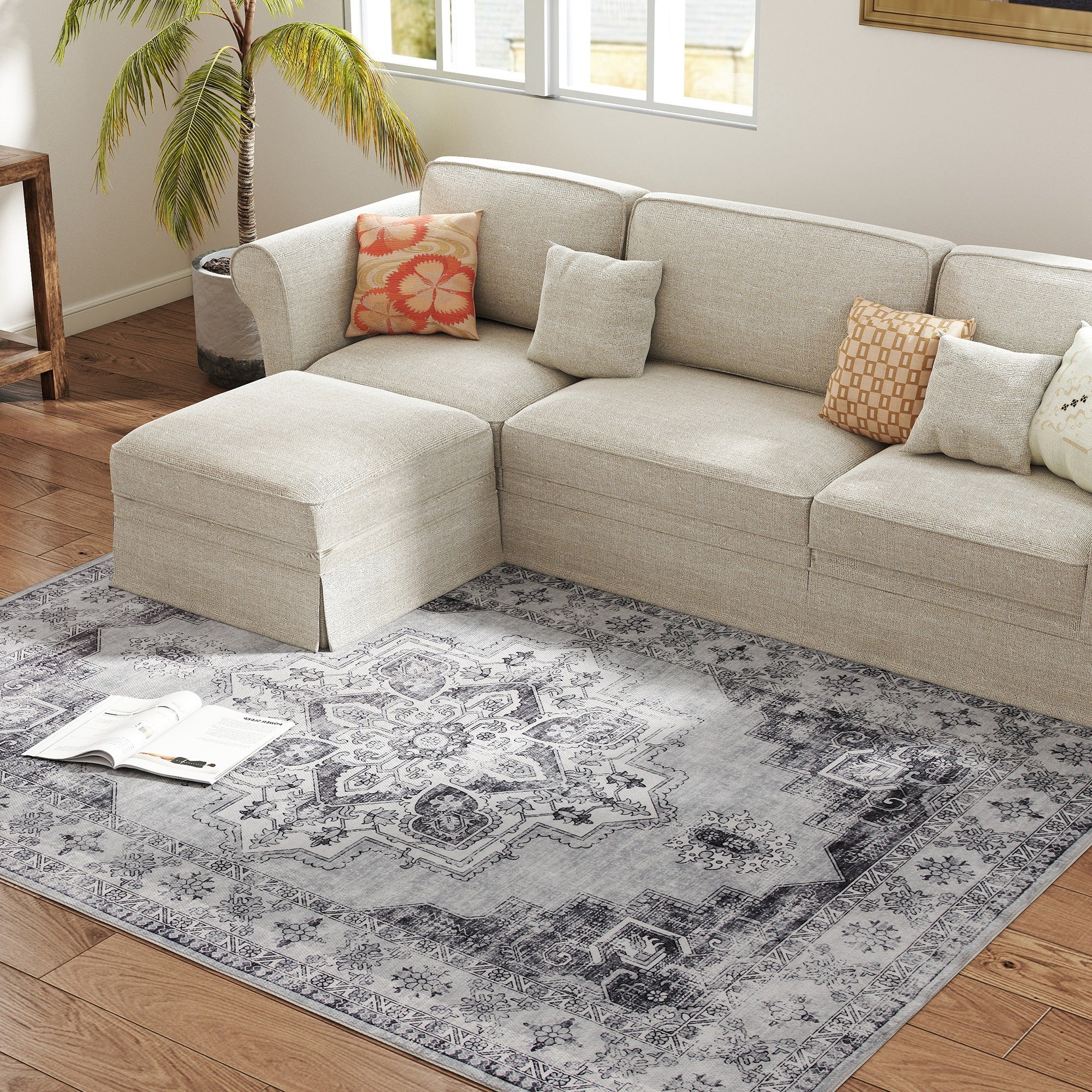 Machine-Washable Anti-Slip Vintage Flannel Short-Pile Area Rug for Living Room, Kitchen, Patio & Balcony, 90.6 x 63 in, Gray