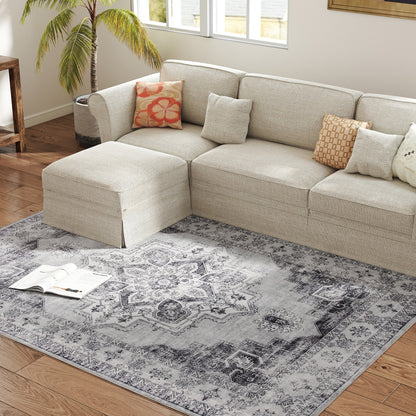 Machine-Washable Anti-Slip Vintage Flannel Short-Pile Area Rug for Living Room, Kitchen, Patio & Balcony, 90.6 x 63 in, Gray