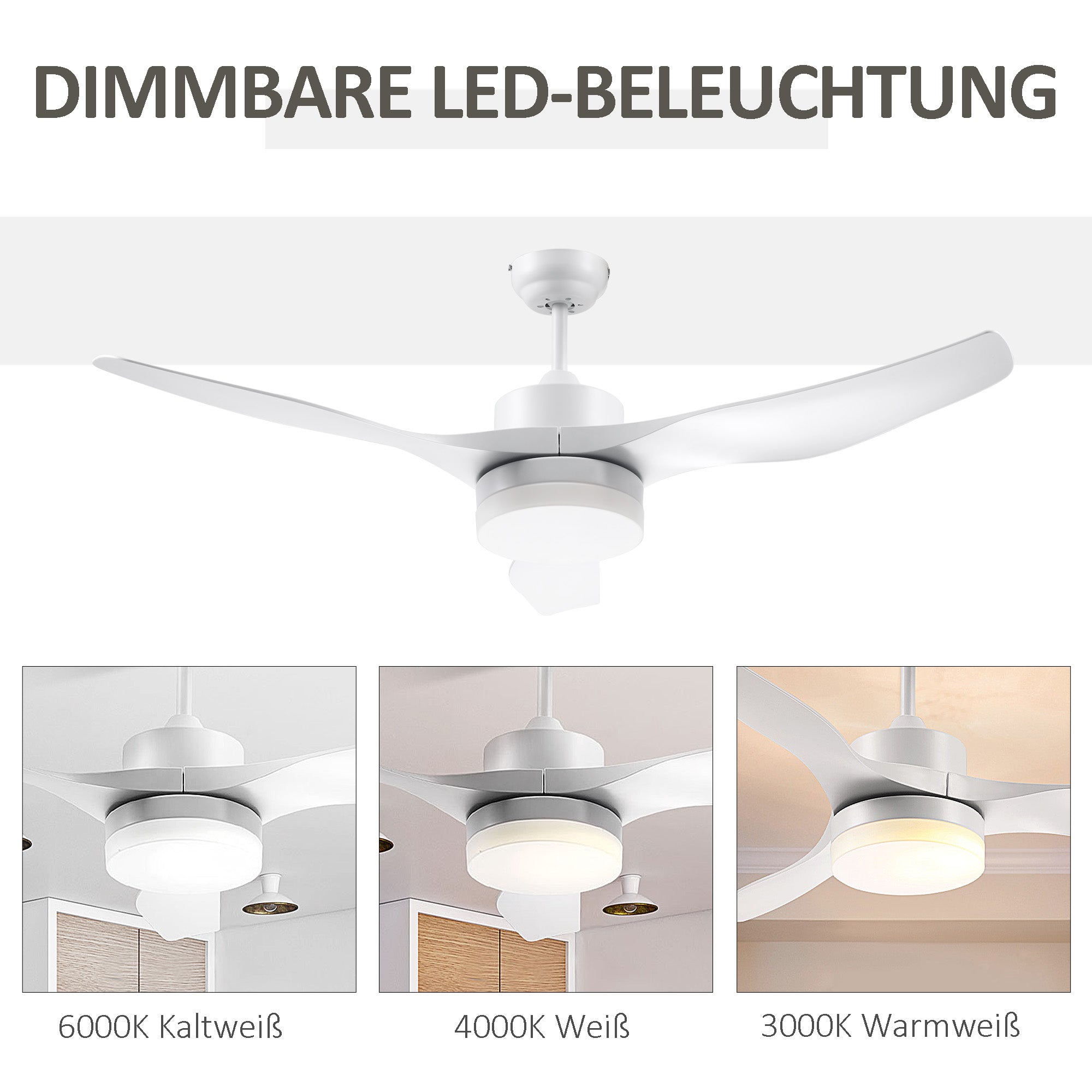 Ceiling Fan with Lighting, Reversible LED Ceiling Light with Fan, 6 Speeds, 3 Light Colors, Ceiling Lamp with Remote Control, Timer for Living Room, Dining Room White