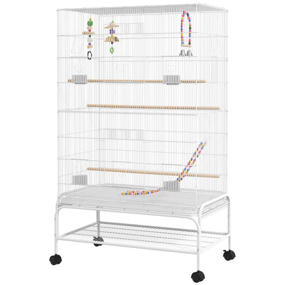 Bird Cage with Wheels Large Cage with Stand Bird Aviary with Removable Tray Feeders Perches Toys and Bottom Shelf for Canaries Budgies 79x49x133 cm White