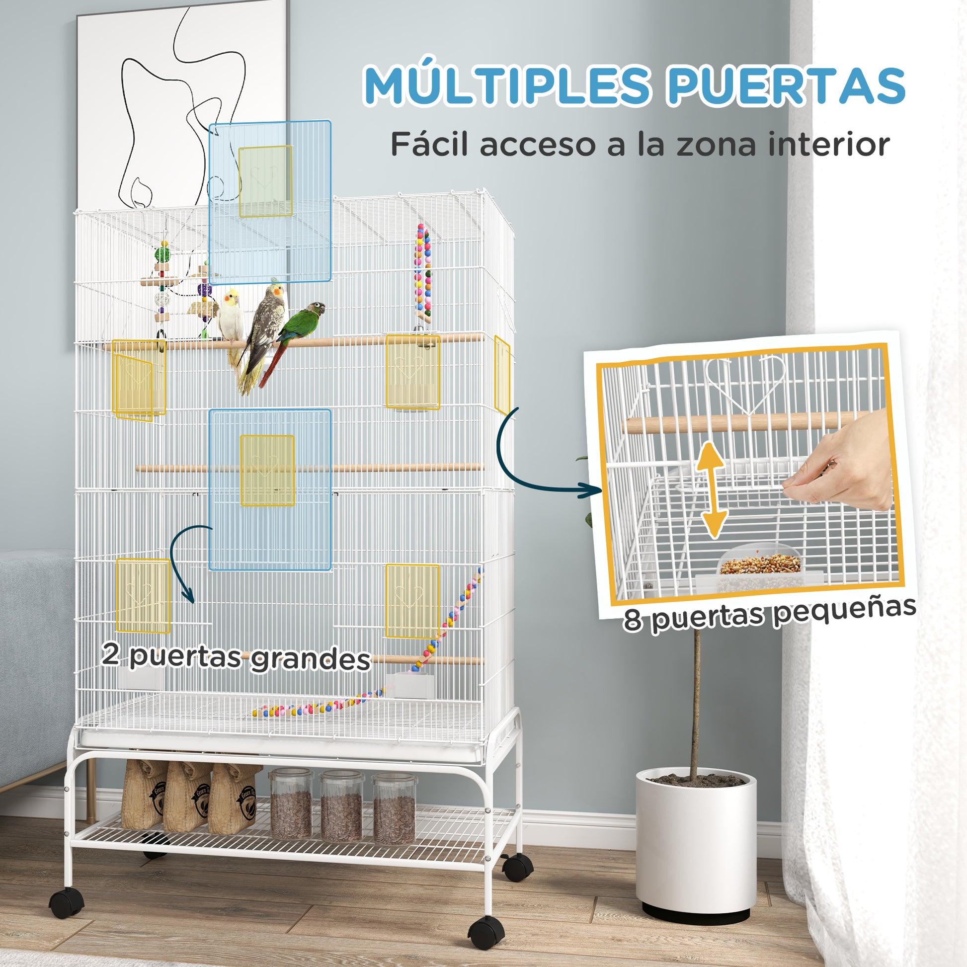 Bird Cage with Wheels Large Cage with Stand Bird Aviary with Removable Tray Feeders Perches Toys and Bottom Shelf for Canaries Budgies 79x49x133 cm White