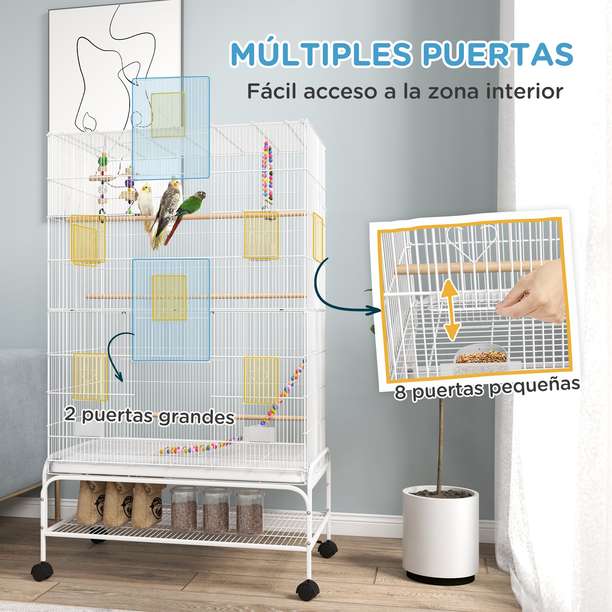 Bird Cage with Wheels Large Cage with Stand Bird Aviary with Removable Tray Feeders Perches Toys and Bottom Shelf for Canaries Budgies 79x49x133 cm White