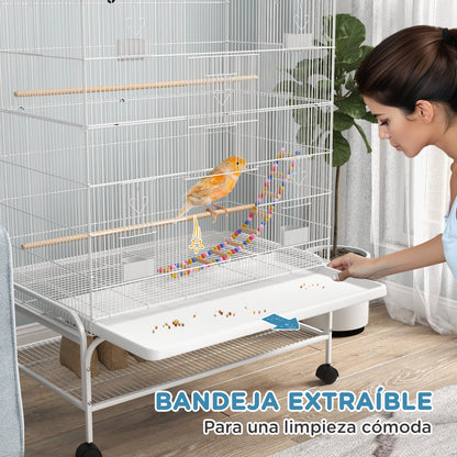 Bird Cage with Wheels Large Cage with Stand Bird Aviary with Removable Tray Feeders Perches Toys and Bottom Shelf for Canaries Budgies 79x49x133 cm White
