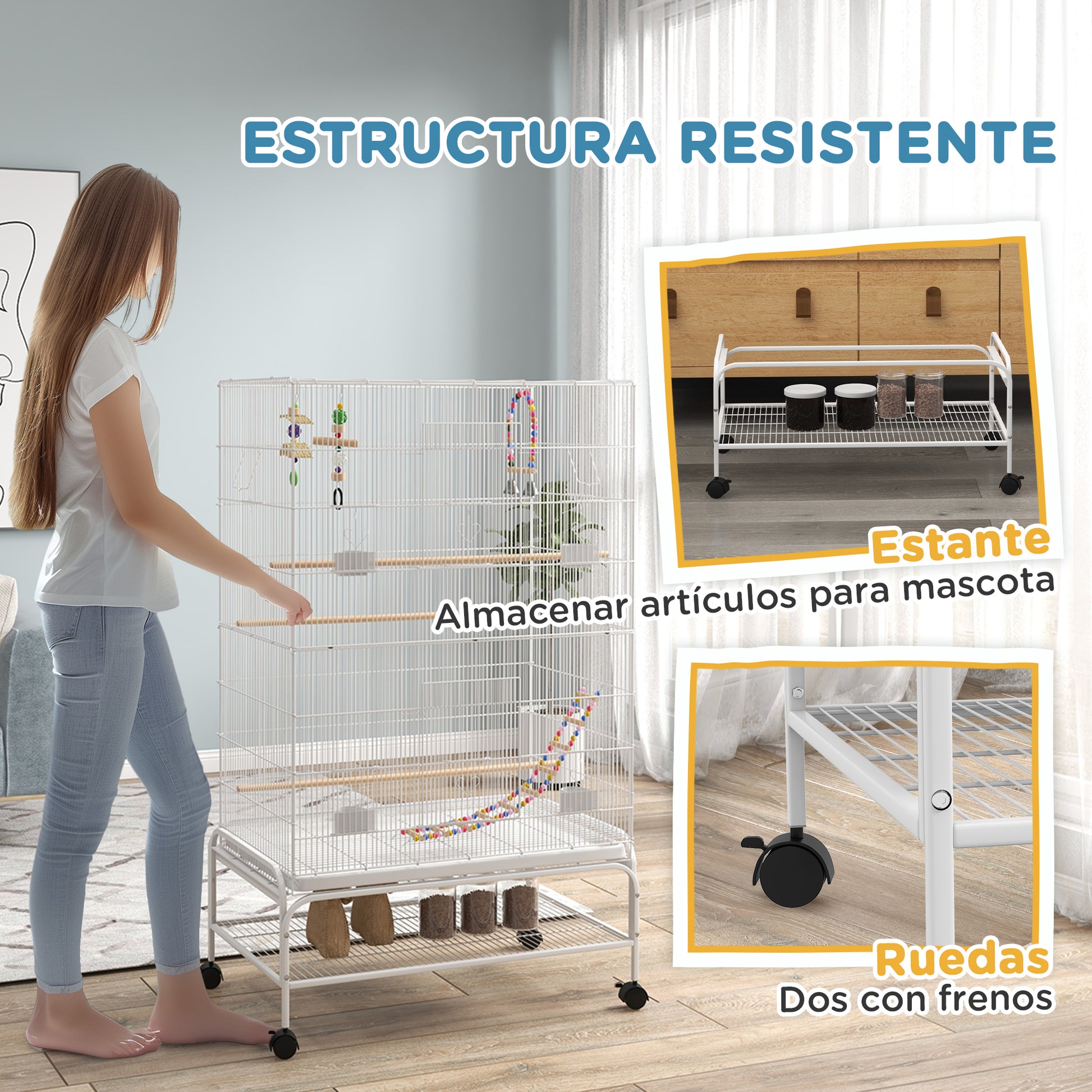 Bird Cage with Wheels Large Cage with Stand Bird Aviary with Removable Tray Feeders Perches Toys and Bottom Shelf for Canaries Budgies 79x49x133 cm White