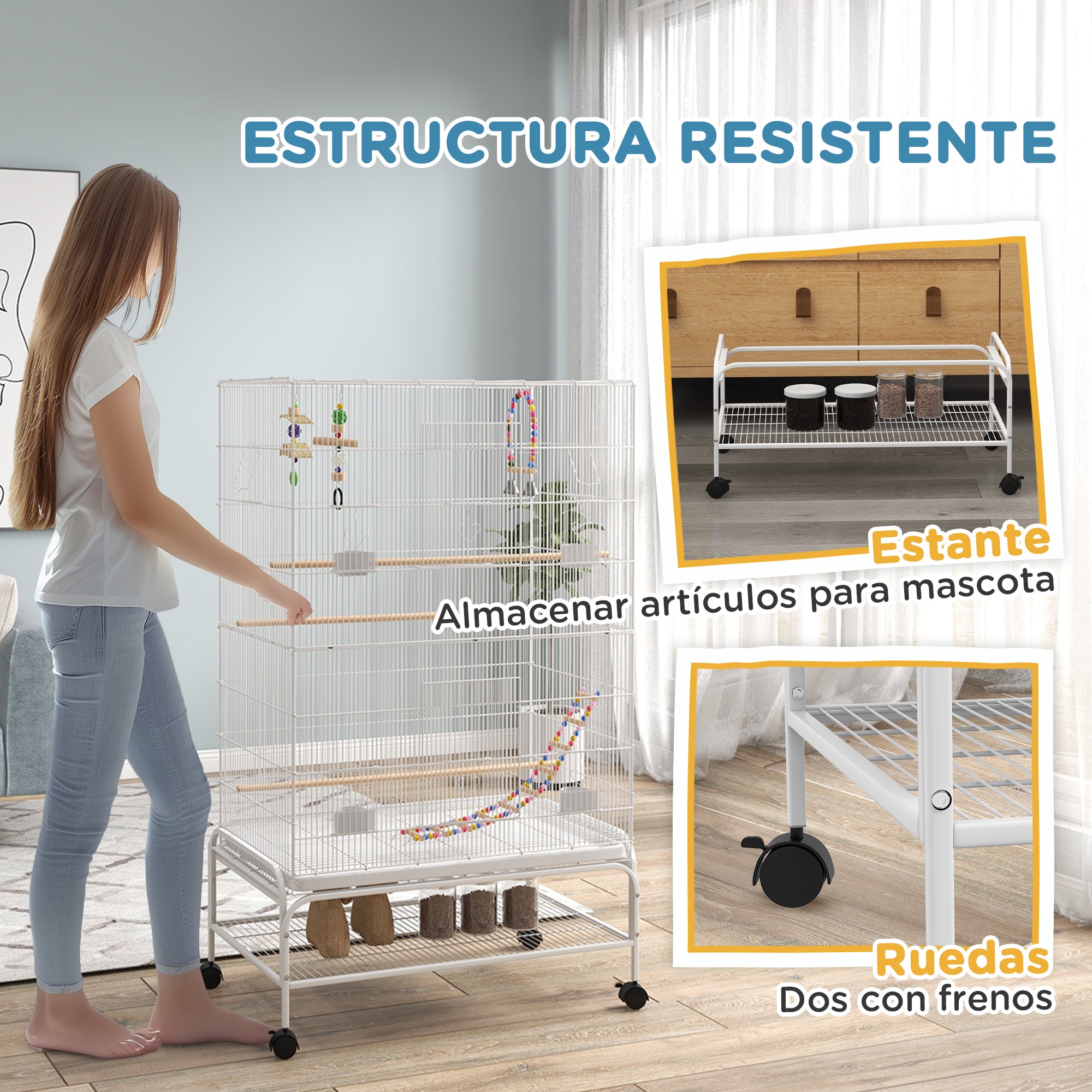 Bird Cage with Wheels Large Cage with Stand Bird Aviary with Removable Tray Feeders Perches Toys and Bottom Shelf for Canaries Budgies 79x49x133 cm White