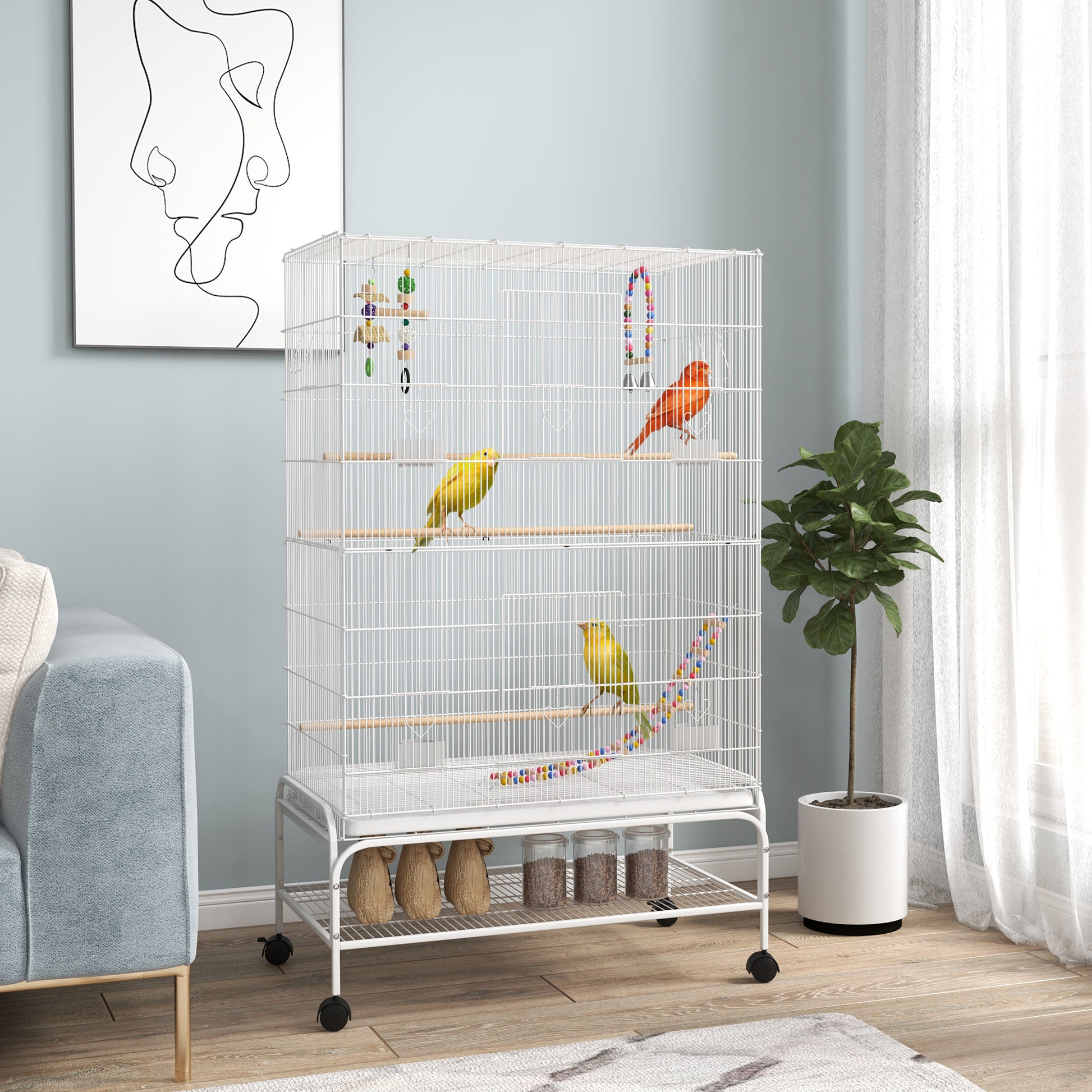 Bird Cage with Wheels Large Cage with Stand Bird Aviary with Removable Tray Feeders Perches Toys and Bottom Shelf for Canaries Budgies 79x49x133 cm White