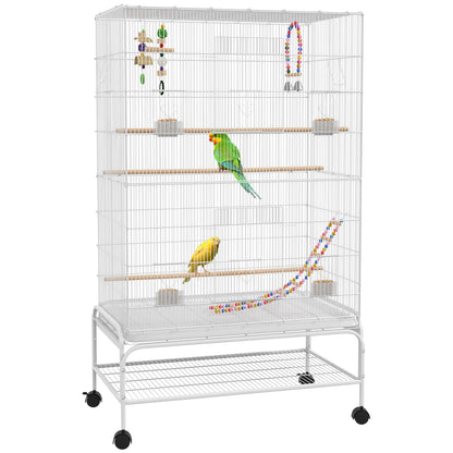 Bird Cage with Wheels Large Cage with Stand Bird Aviary with Removable Tray Feeders Perches Toys and Bottom Shelf for Canaries Budgies 79x49x133 cm White