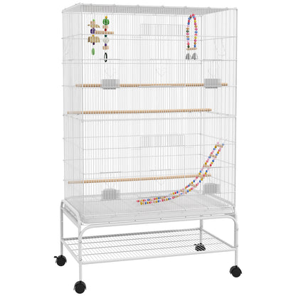 Bird Cage with Wheels Large Cage with Stand Bird Aviary with Removable Tray Feeders Perches Toys and Bottom Shelf for Canaries Budgies 79x49x133 cm White