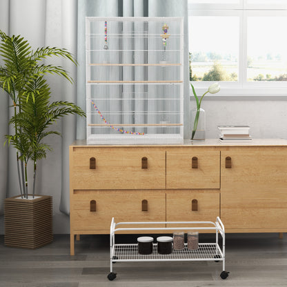 Bird Cage with Wheels Large Cage with Stand Bird Aviary with Removable Tray Feeders Perches Toys and Bottom Shelf for Canaries Budgies 79x49x133 cm White