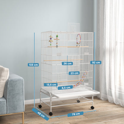 Bird Cage with Wheels Large Cage with Stand Bird Aviary with Removable Tray Feeders Perches Toys and Bottom Shelf for Canaries Budgies 79x49x133 cm White