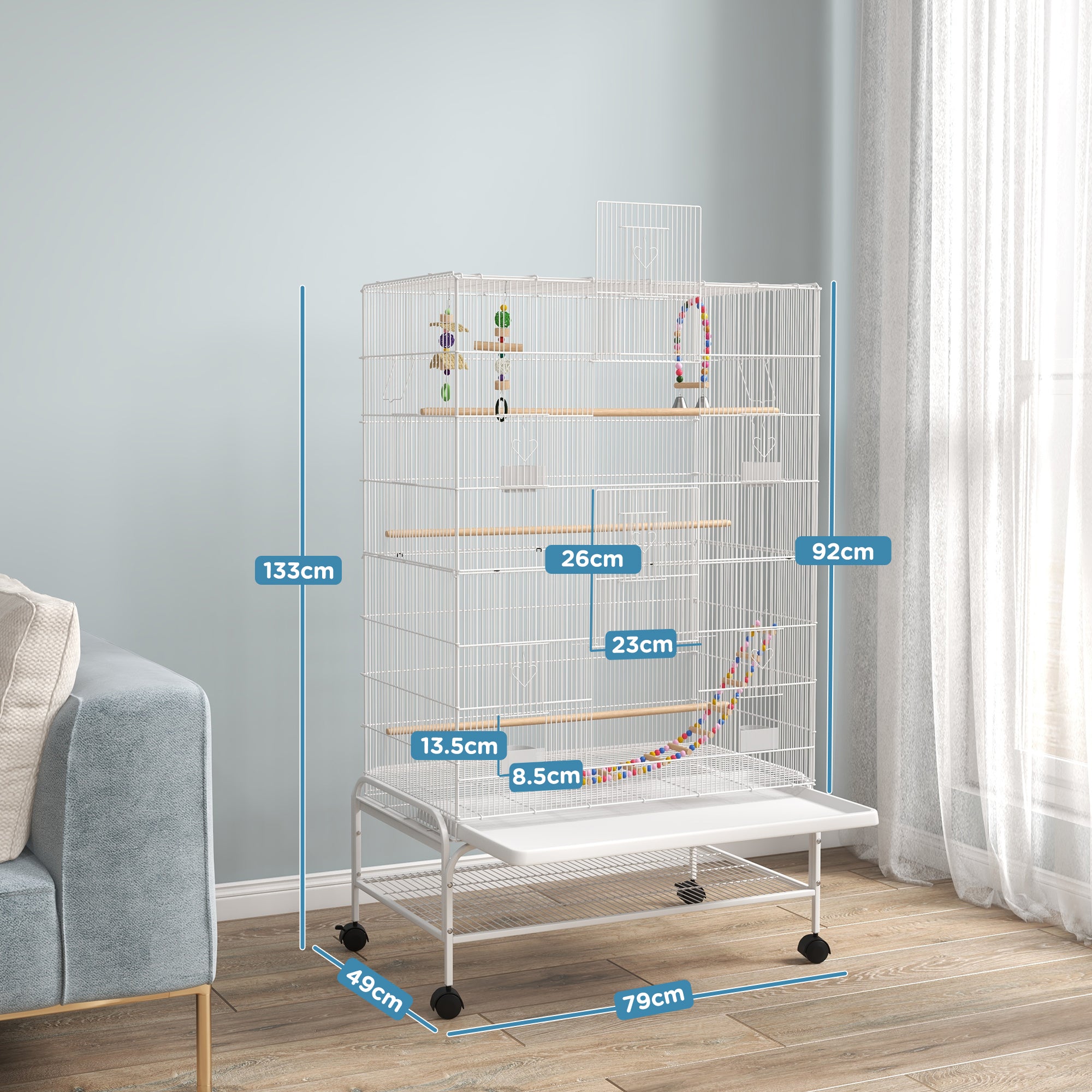 Bird Cage with Wheels Large Cage with Stand Bird Aviary with Removable Tray Feeders Perches Toys and Bottom Shelf for Canaries Budgies 79x49x133 cm White
