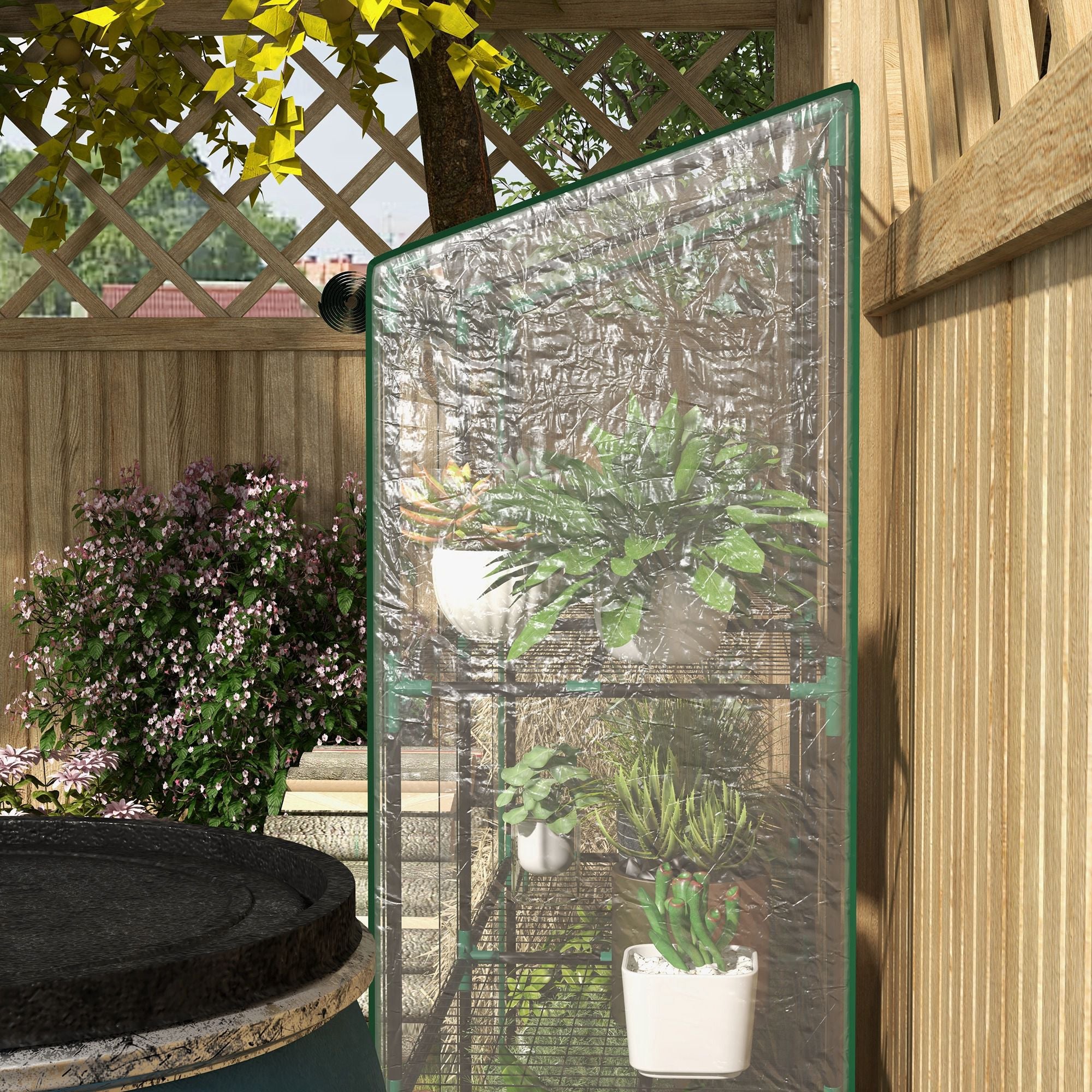 3-Tier Garden Greenhouse Terrace Greenhouse with Shelves Sloping Roof and 2 Zippered Doors for Plant Cultivation in Patio 143x46x141/151 cm Clear