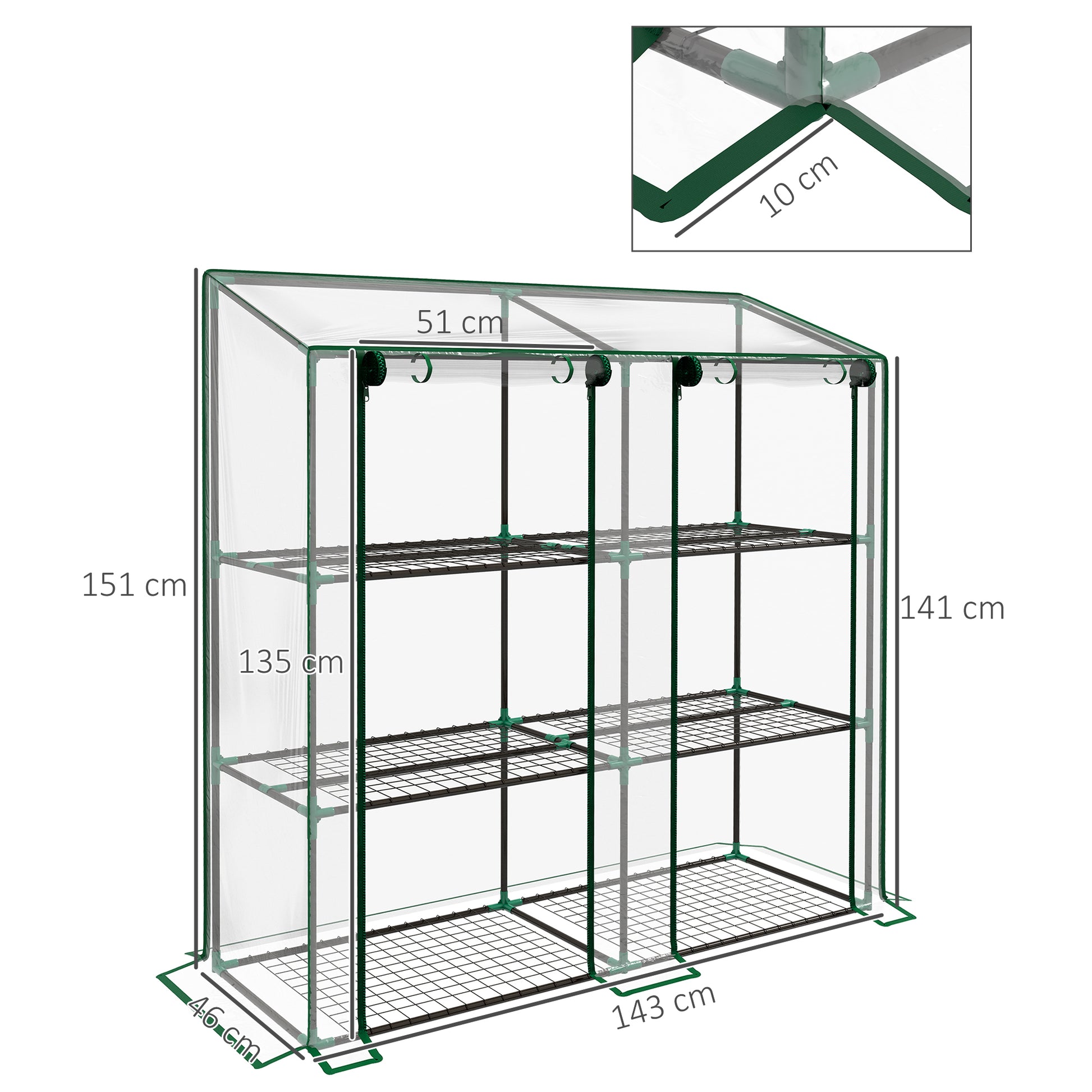 3-Tier Garden Greenhouse Terrace Greenhouse with Shelves Sloping Roof and 2 Zippered Doors for Plant Cultivation in Patio 143x46x141/151 cm Clear