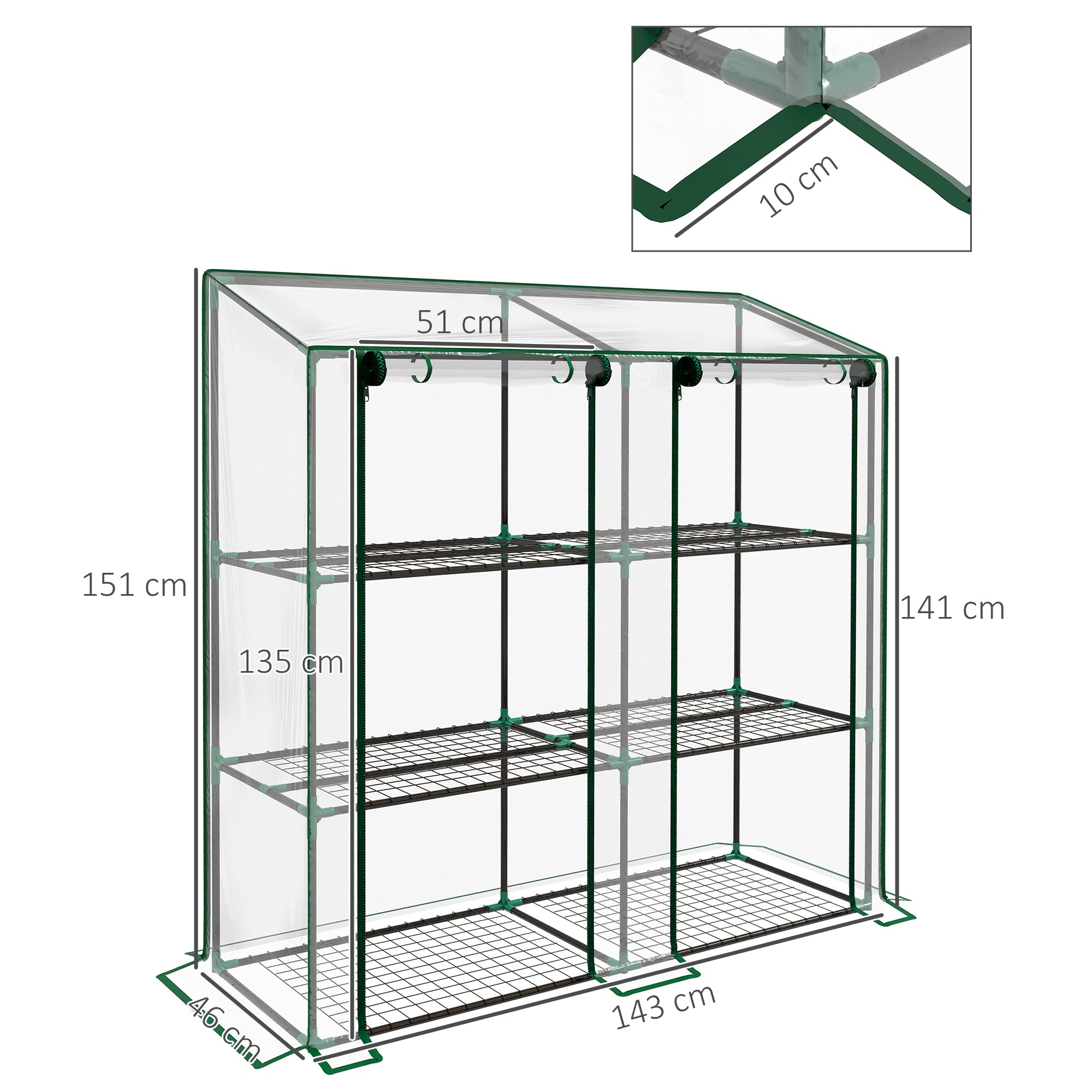 3-Tier Garden Greenhouse Terrace Greenhouse with Shelves Sloping Roof and 2 Zippered Doors for Plant Cultivation in Patio 143x46x141/151 cm Clear