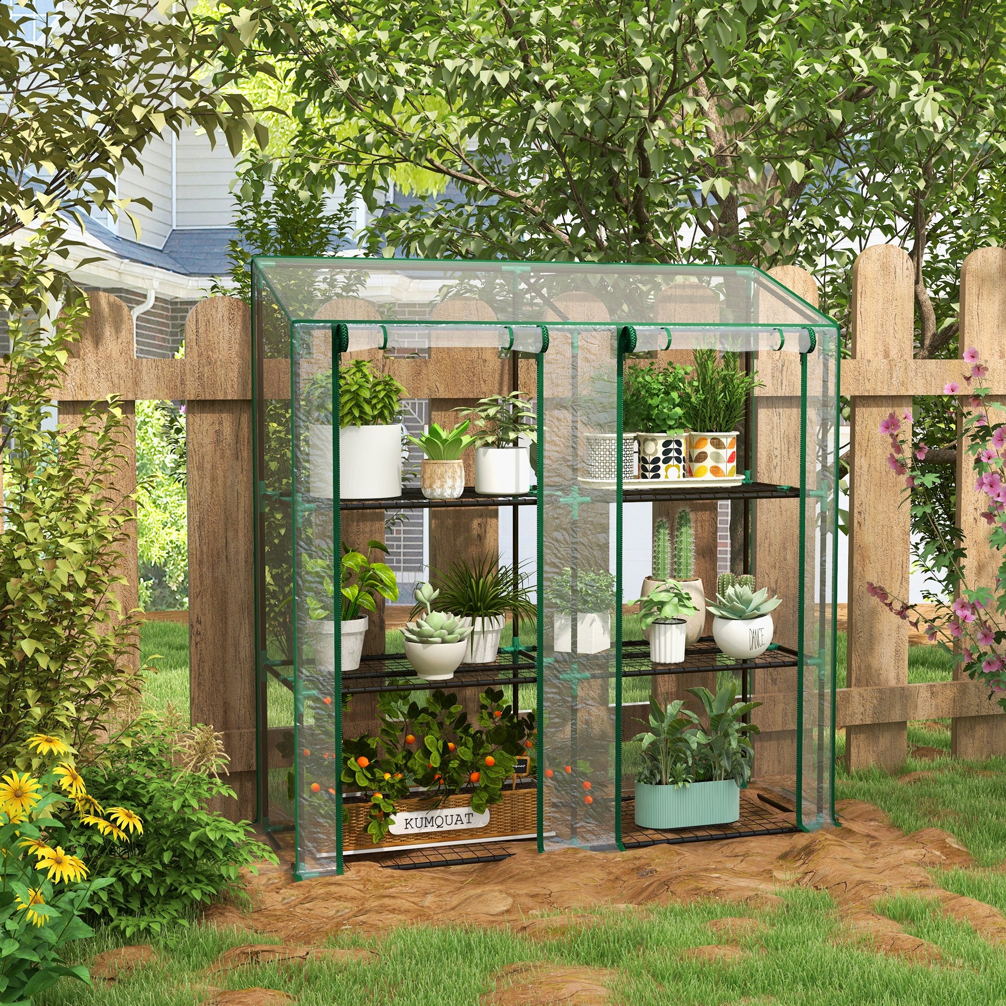 3-Tier Garden Greenhouse Terrace Greenhouse with Shelves Sloping Roof and 2 Zippered Doors for Plant Cultivation in Patio 143x46x141/151 cm Clear