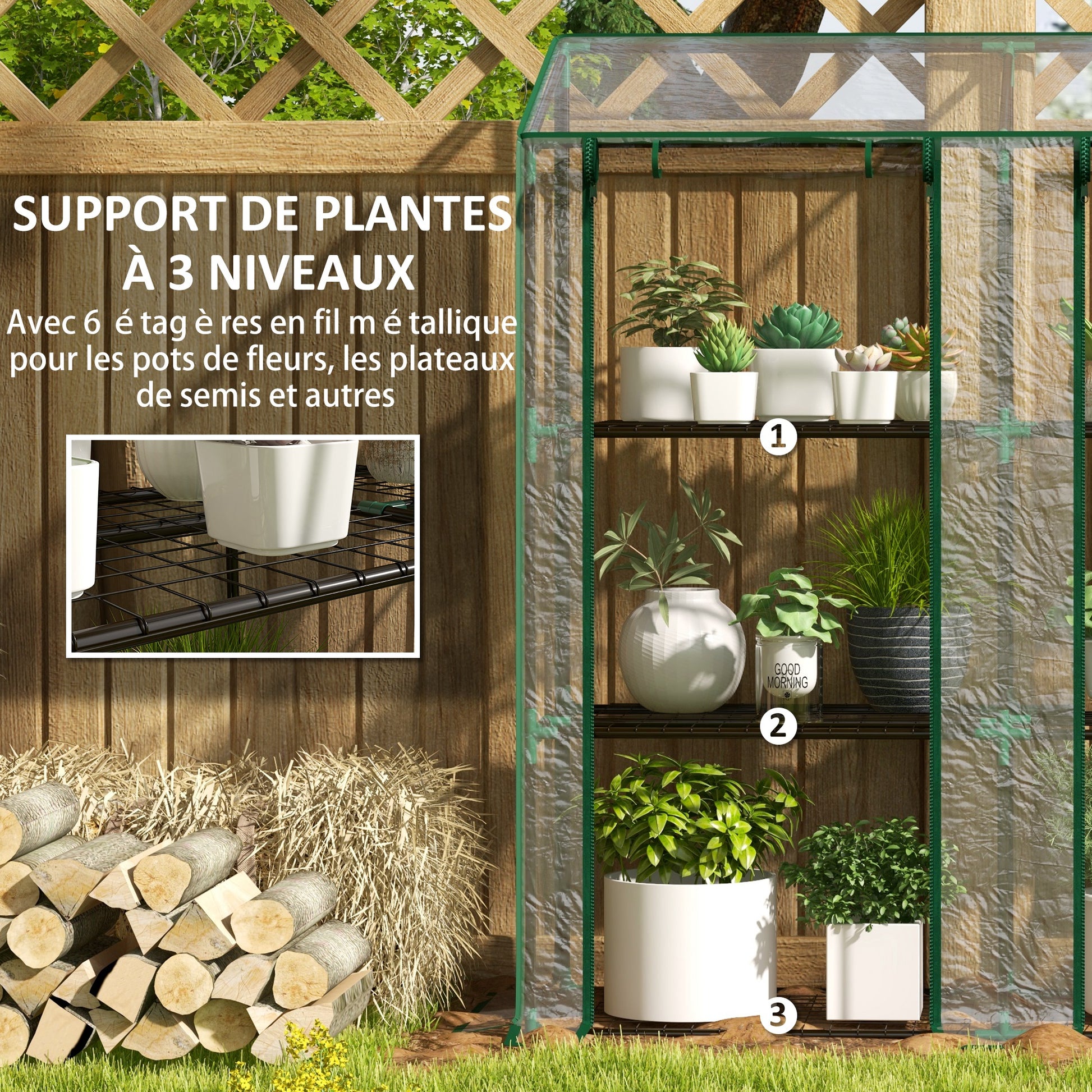 3-Tier Garden Greenhouse Terrace Greenhouse with Shelves Sloping Roof and 2 Zippered Doors for Plant Cultivation in Patio 143x46x141/151 cm Clear