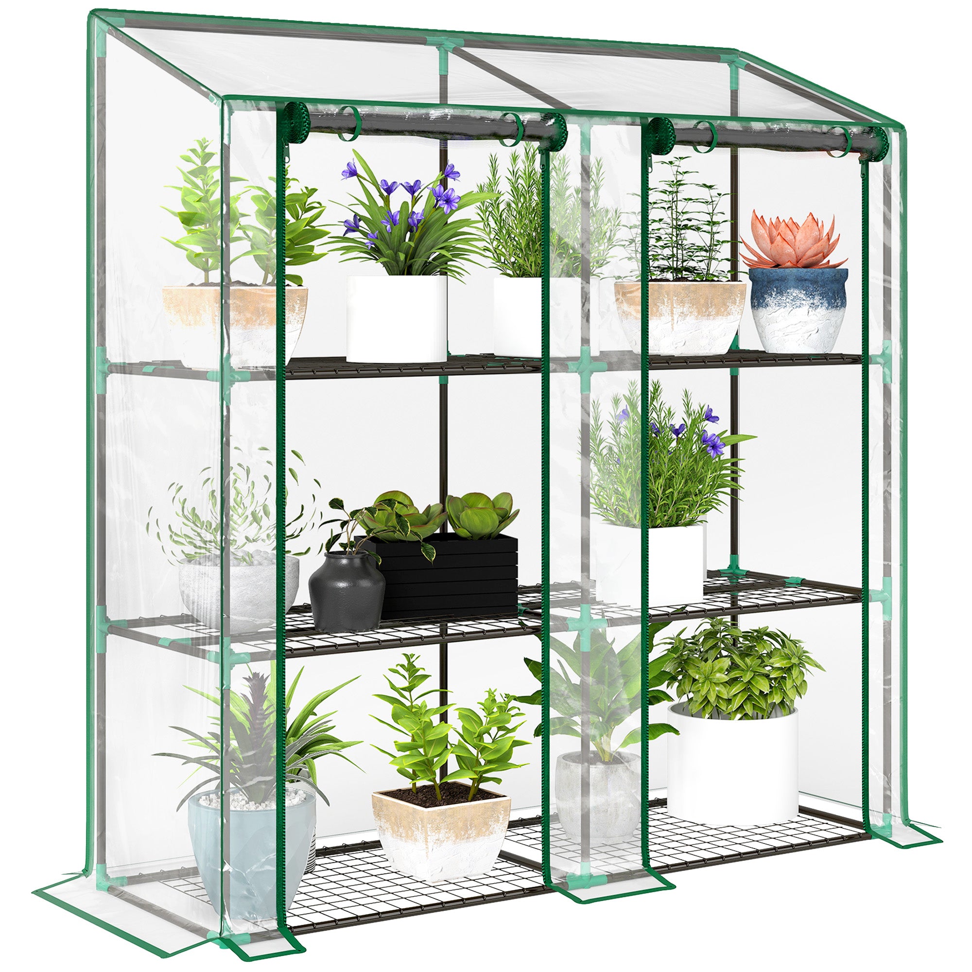 3-Tier Garden Greenhouse Terrace Greenhouse with Shelves Sloping Roof and 2 Zippered Doors for Plant Cultivation in Patio 143x46x141/151 cm Clear
