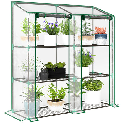 3-Tier Garden Greenhouse Terrace Greenhouse with Shelves Sloping Roof and 2 Zippered Doors for Plant Cultivation in Patio 143x46x141/151 cm Clear