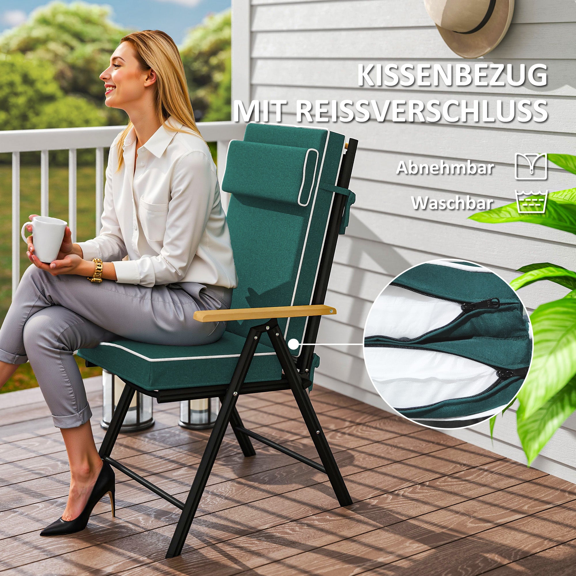Seat Cushion 120 x 47 x 9.5 cm Water-Resistant Chair Pad with Straps, Headrest, UPF50+ Outdoor Indoor Seat Pad, Seat Pillow for Folding Chair, Dining Chair, Green
