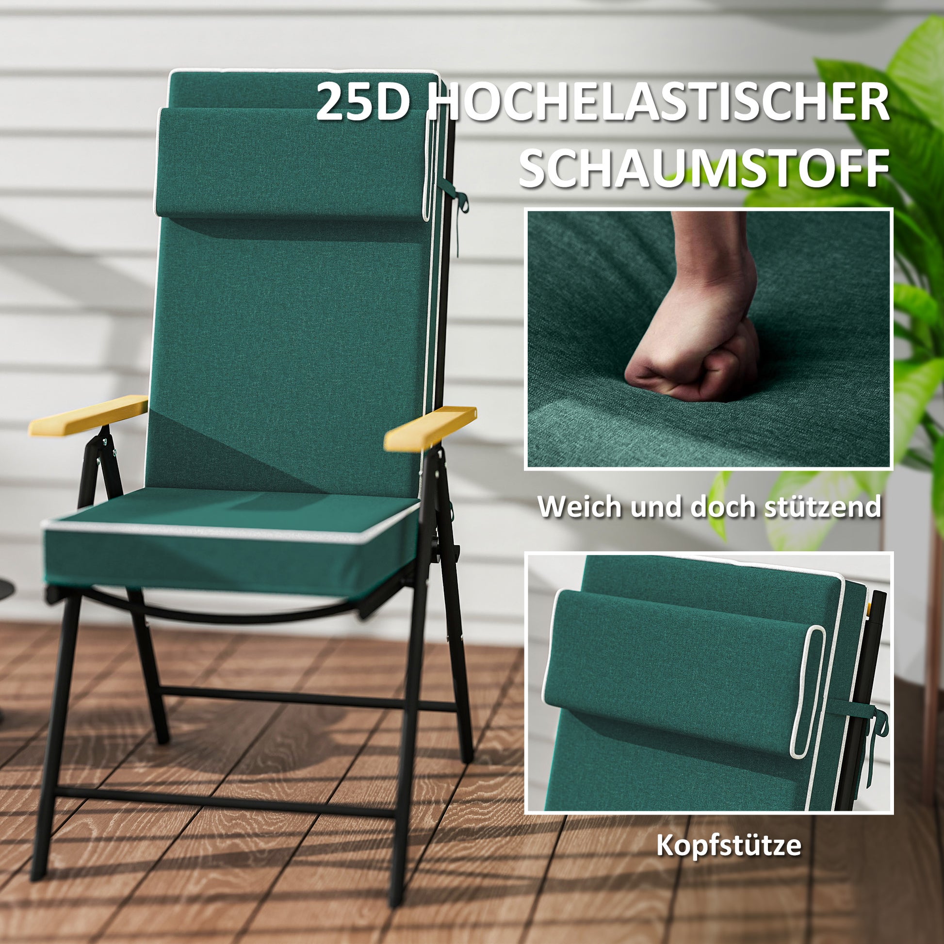 Seat Cushion 120 x 47 x 9.5 cm Water-Resistant Chair Pad with Straps, Headrest, UPF50+ Outdoor Indoor Seat Pad, Seat Pillow for Folding Chair, Dining Chair, Green
