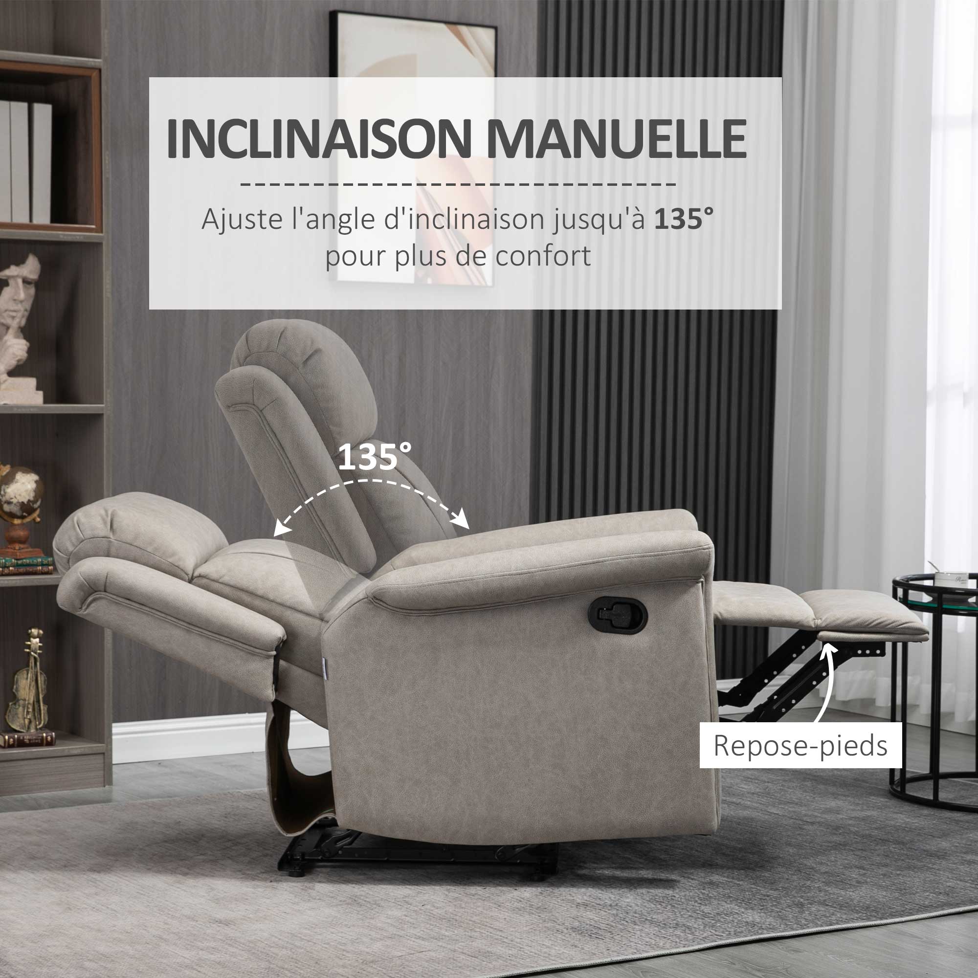 Gray Microfiber Manual Reclining Relaxation Chair with 135° Recline and Footrest