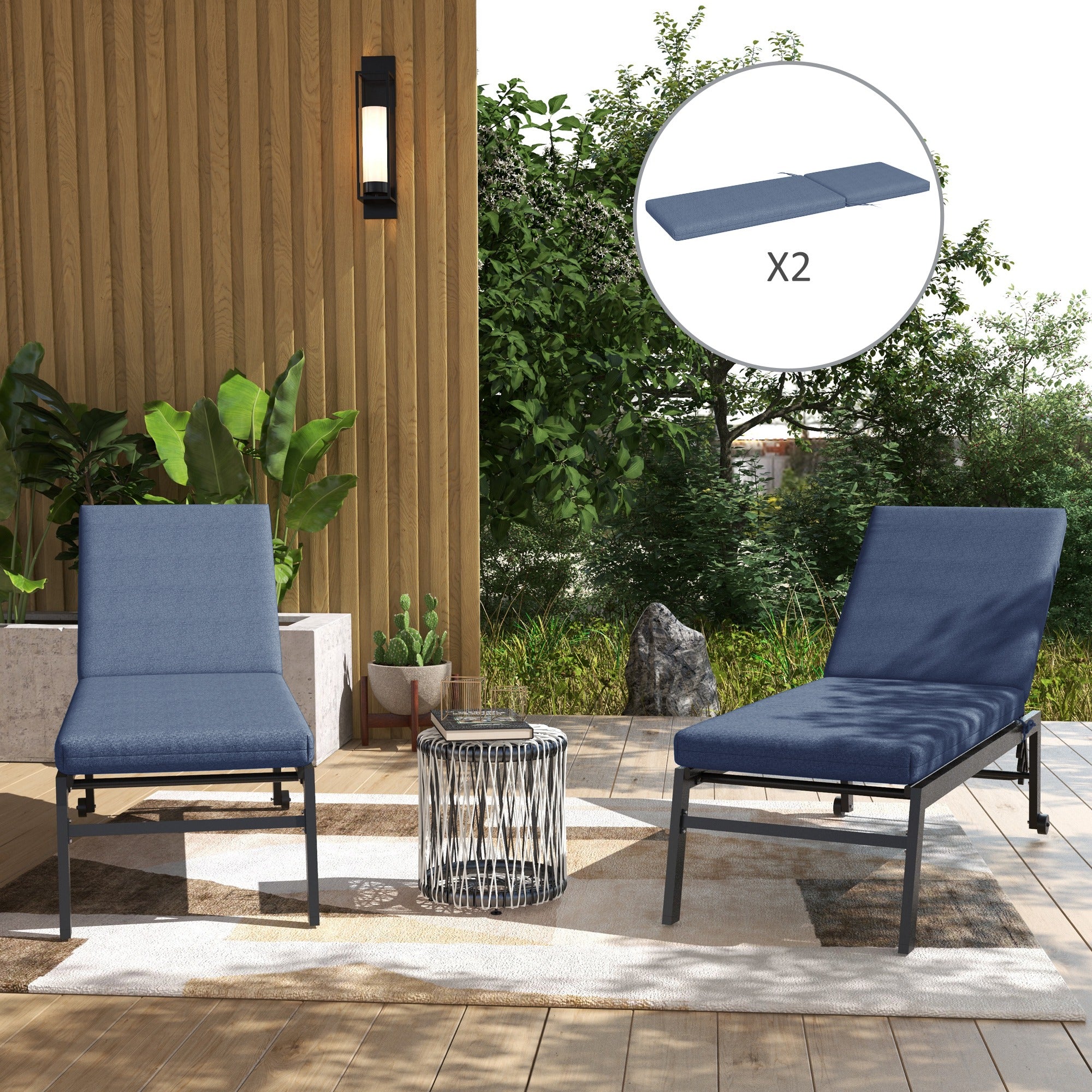 Set of 2 Lounger Mattress Cushions for Sun Lounger Chair with Fastening Straps for Garden Dimensions 190.5L x 58.4W x 7H cm Blue