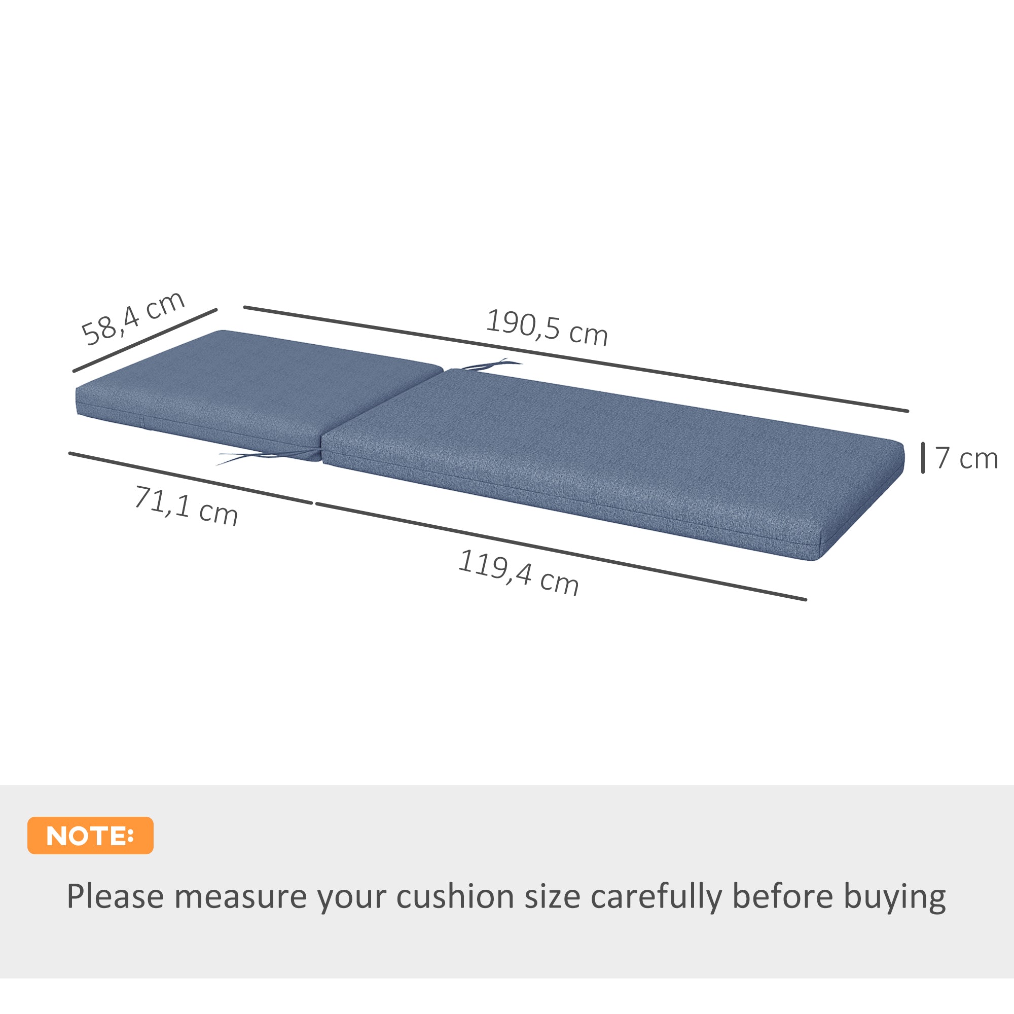 Set of 2 Lounger Mattress Cushions for Sun Lounger Chair with Fastening Straps for Garden Dimensions 190.5L x 58.4W x 7H cm Blue