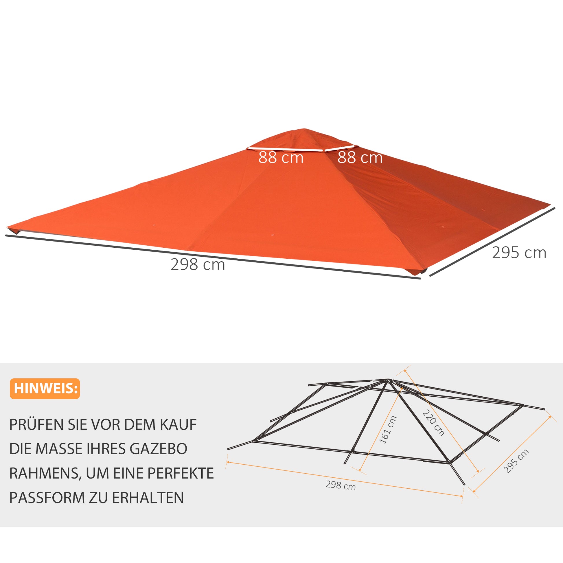 Gazebo Canopy Replacement for Garden Gazebo approx. 3 x 3 m, water-resistant, canopy cover, sun protection, 8 water drainage holes, Polyester, Orange