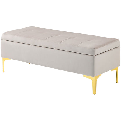 Velvet Upholstered Storage Bench, Button-Tufted Bed End Bench with Gold Legs, 120x44x44.5cm, Light Grey