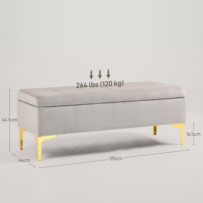 Velvet Upholstered Storage Bench, Button-Tufted Bed End Bench with Gold Legs, 120x44x44.5cm, Light Grey