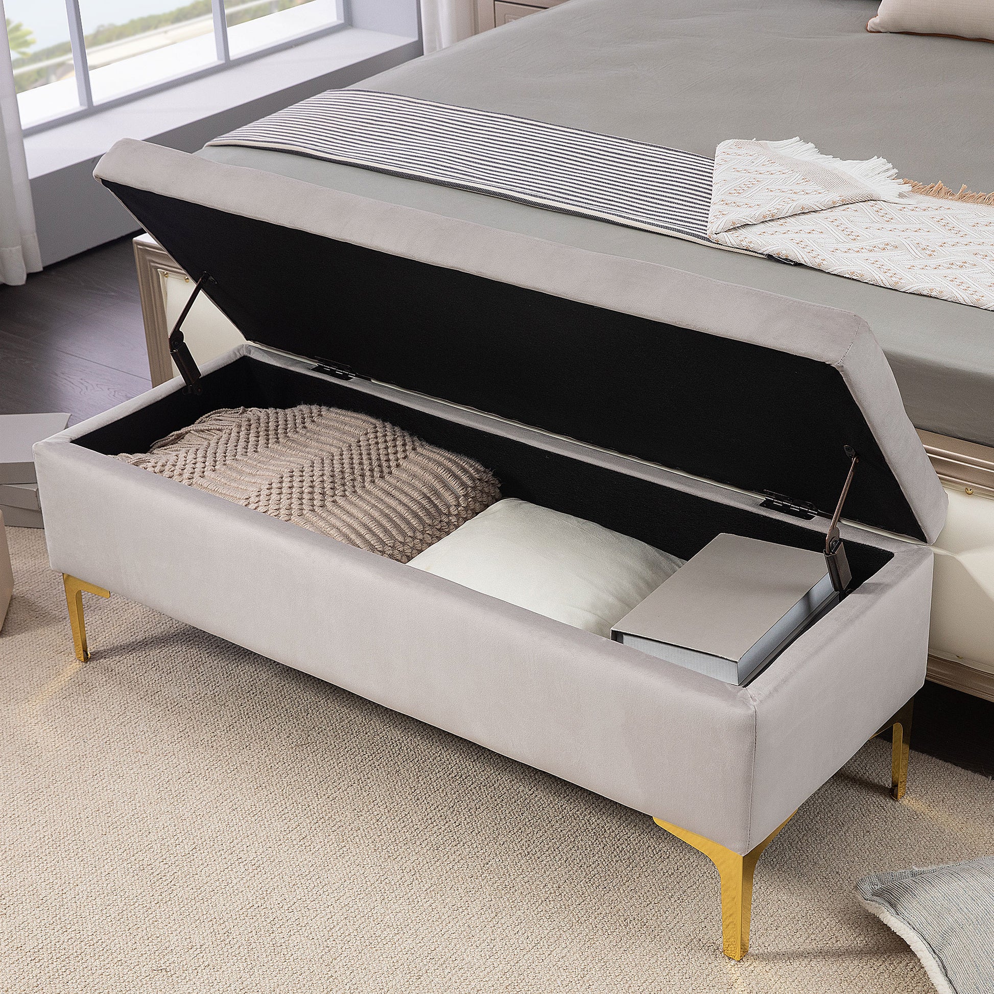 Velvet Upholstered Storage Bench, Button-Tufted Bed End Bench with Gold Legs, 120x44x44.5cm, Light Grey