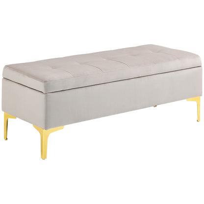 Velvet Upholstered Storage Bench, Button-Tufted Bed End Bench with Gold Legs, 120x44x44.5cm, Light Grey