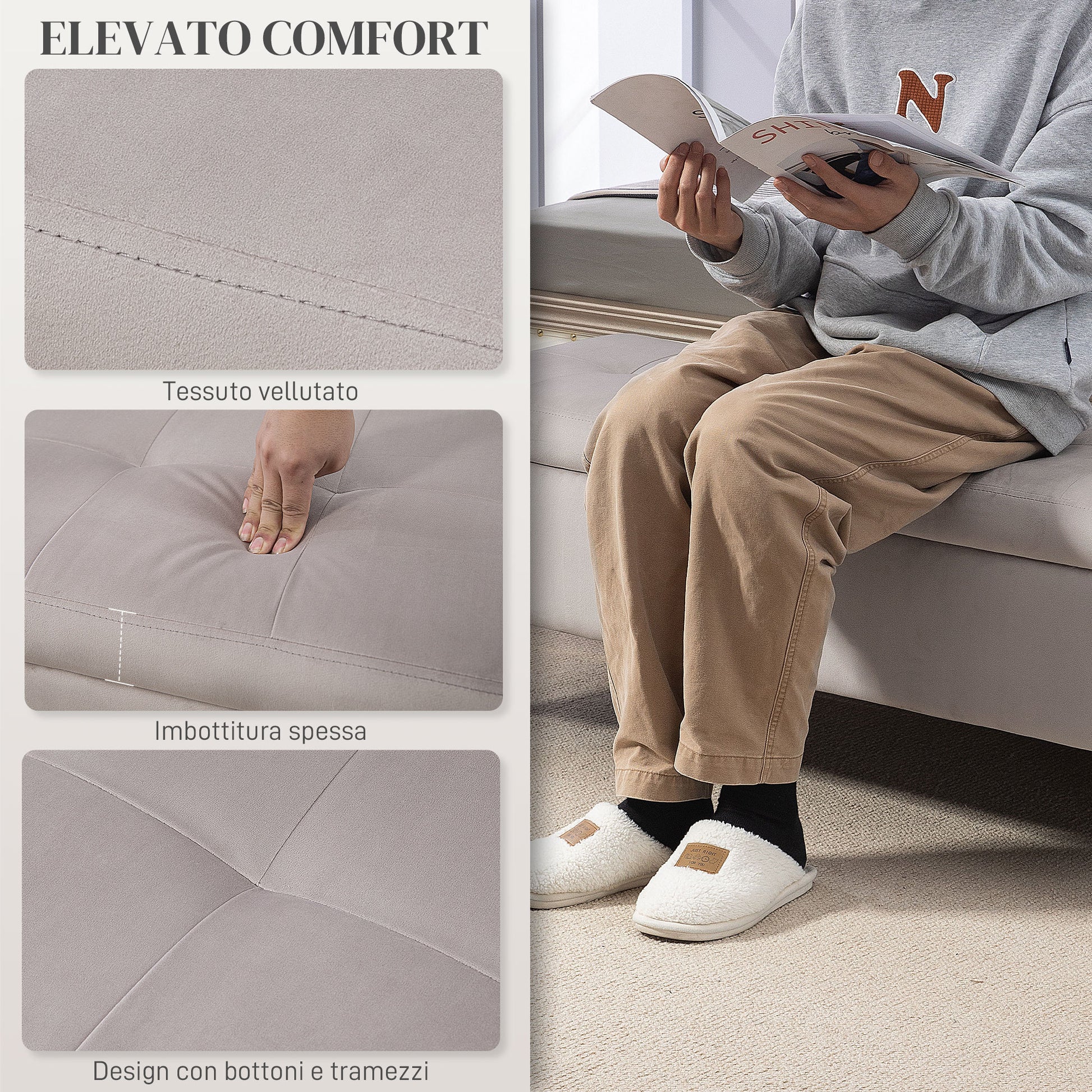 Velvet Upholstered Storage Bench, Button-Tufted Bed End Bench with Gold Legs, 120x44x44.5cm, Light Grey