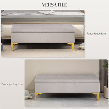 Velvet Upholstered Storage Bench, Button-Tufted Bed End Bench with Gold Legs, 120x44x44.5cm, Light Grey