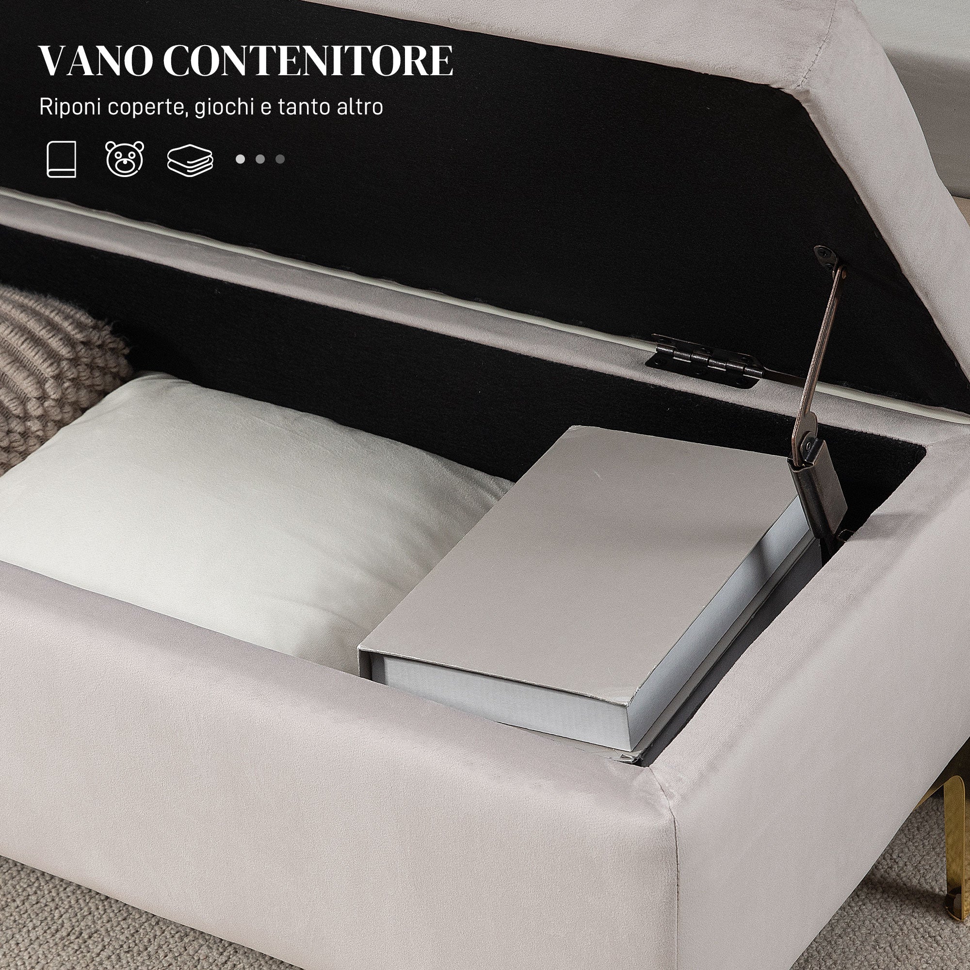 Velvet Upholstered Storage Bench, Button-Tufted Bed End Bench with Gold Legs, 120x44x44.5cm, Light Grey