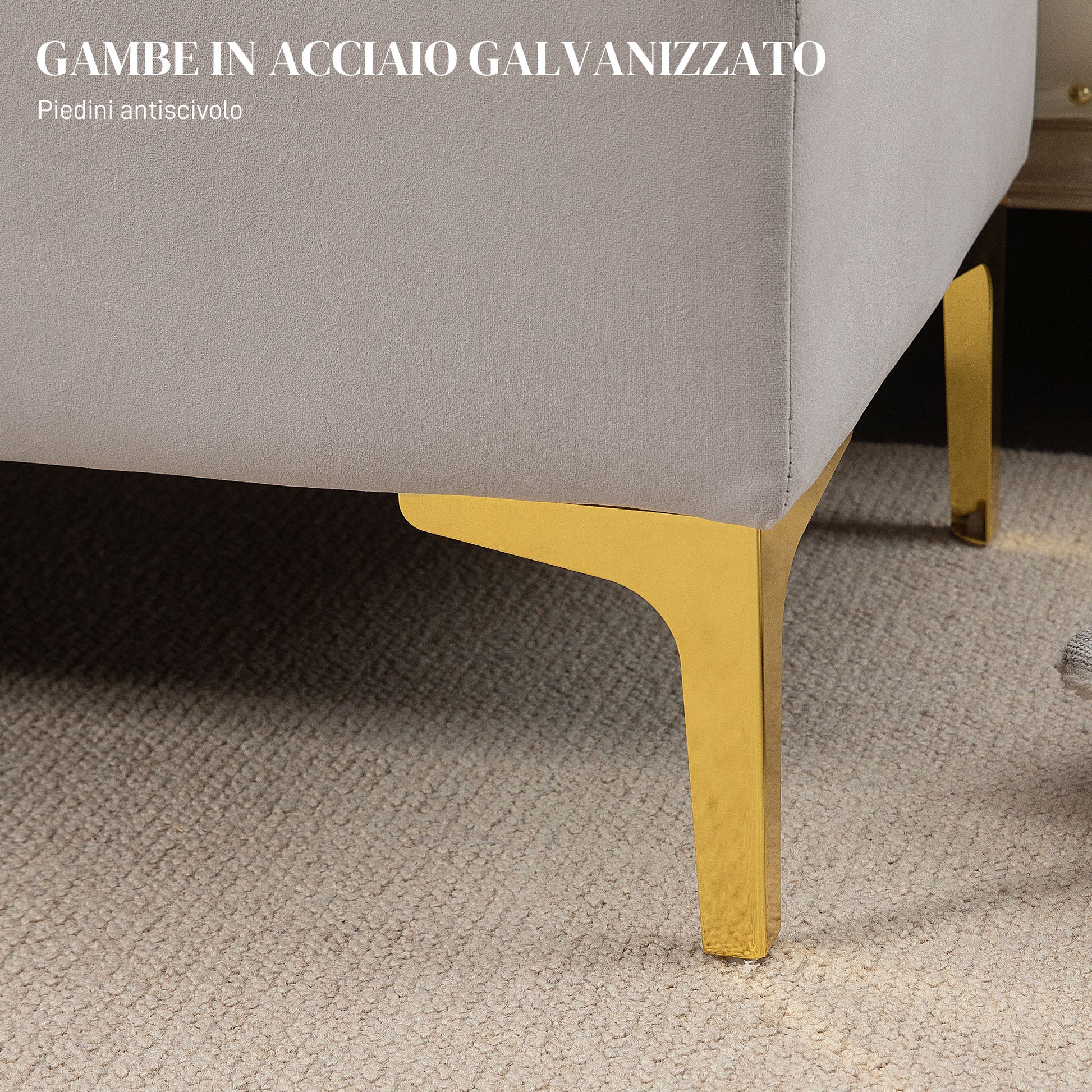 Velvet Upholstered Storage Bench, Button-Tufted Bed End Bench with Gold Legs, 120x44x44.5cm, Light Grey