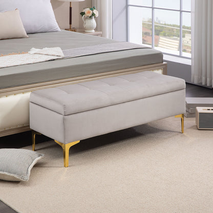 Velvet Upholstered Storage Bench, Button-Tufted Bed End Bench with Gold Legs, 120x44x44.5cm, Light Grey