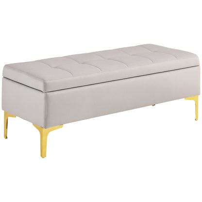 Velvet Upholstered Storage Bench, Button-Tufted Bed End Bench with Gold Legs, 120x44x44.5cm, Light Grey