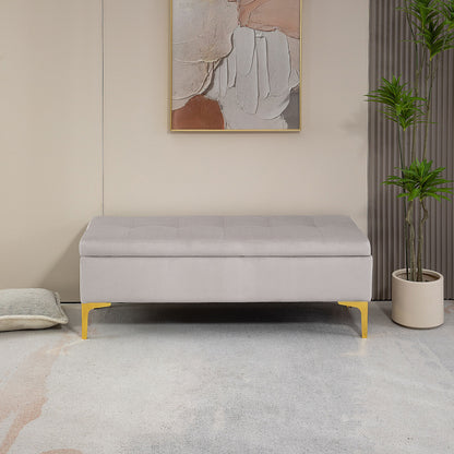 Velvet Upholstered Storage Bench, Button-Tufted Bed End Bench with Gold Legs, 120x44x44.5cm, Light Grey